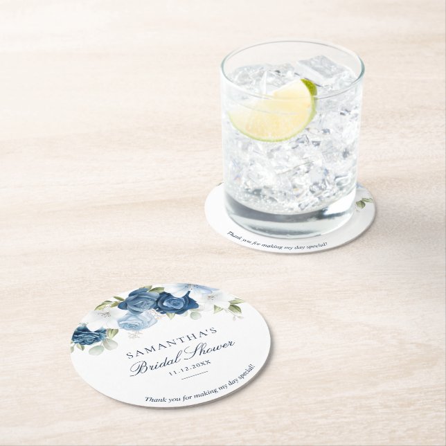 Dessous-de-verre Rond En Papier Lavage à l'aquarelle bleue poussiéreuse Fleurs Scr (En situation)