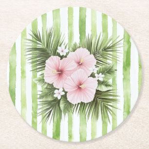 Dessous-de-verre Rond En Papier Lavande d'Hibiscus Rose Floral Bandes Vertes Baby