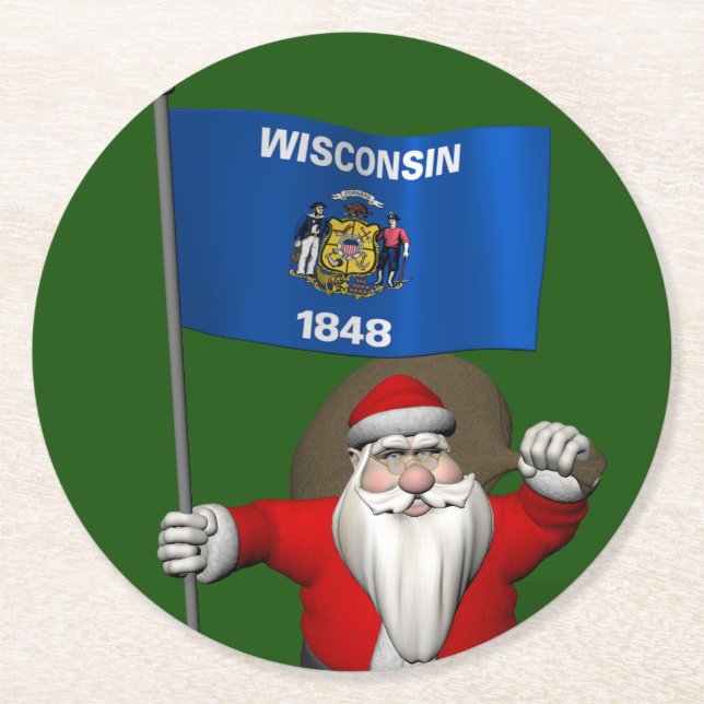 Dessous-de-verre Rond En Papier Le Père Noël Avec L'Ensigne Du Wisconsin (Devant)