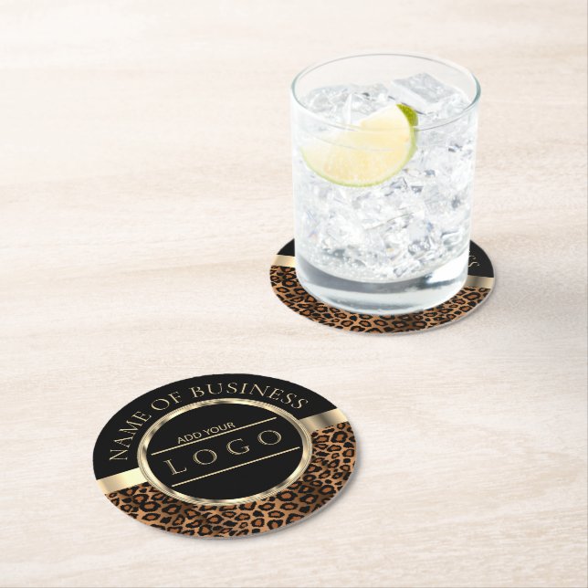 Dessous-de-verre Rond En Papier Leopard | Noir et Brown | Logo (En situation)