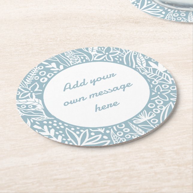 Dessous-de-verre Rond En Papier Light Blue Botanical Floral Custom Text (Incliné)