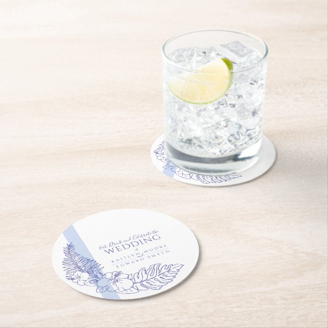 Dessous-de-verre Rond En Papier ligne d'art bleu tropical botanique mariage (En situation)