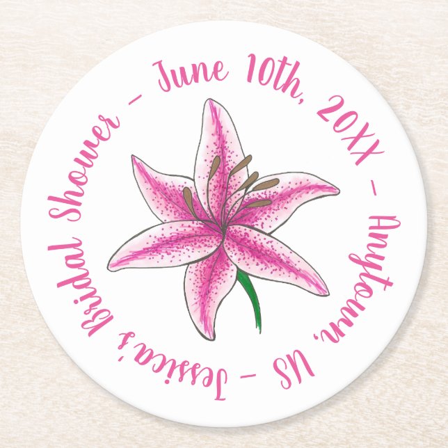 Dessous-de-verre Rond En Papier Lily rose Personnalisé Fleurs Floral Mariée (Devant)