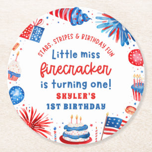 Dessous-de-verre Rond En Papier Little Miss Firecracker 4 juillet 1er anniversaire