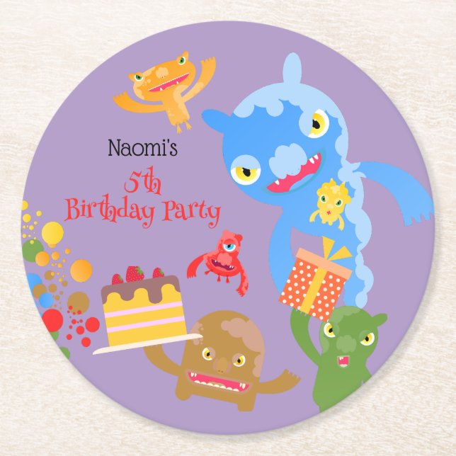 Dessous-de-verre Rond En Papier Little Party Monster and confetti Anniversaire Par (Devant)