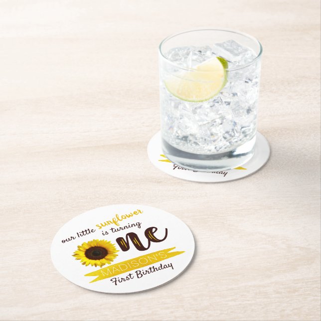 Dessous-de-verre Rond En Papier Little Sunflower 1ère fête d'anniversaire (En situation)