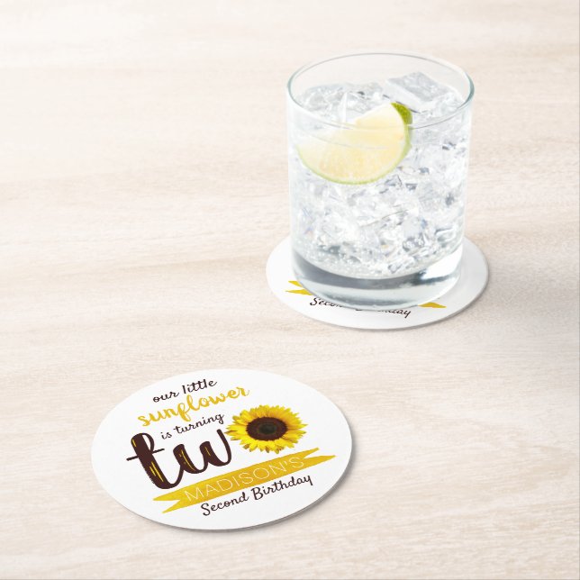 Dessous-de-verre Rond En Papier Little Sunflower 2e fête d'anniversaire (En situation)