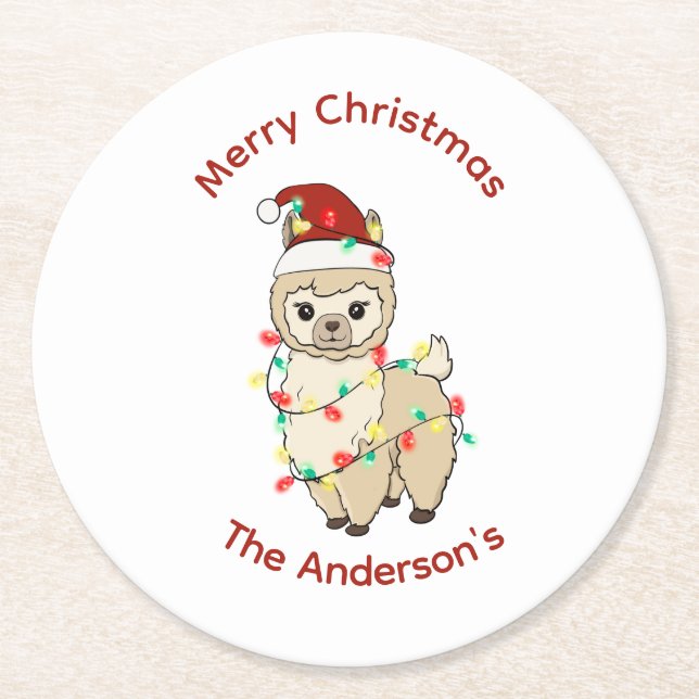 Dessous-de-verre Rond En Papier Llama aux lumières Joyeux Noël Joyeux Joyeux Vacan (Devant)