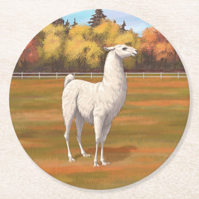 Dessous-de-verre Rond En Papier Llama blanche dans les pâturages agricoles d'autom (Devant)