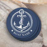 Dessous-de-verre Rond En Papier Logo d'Ancres nautiques Nom du bateau bleu marine<br><div class="desc">Logo d'Ancre nautique Dessous de verre papier de nom de bateau bleu marine.</div>