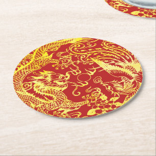 Dessous-de-verre Rond En Papier Logo du mariage chinois Dragon phoenix