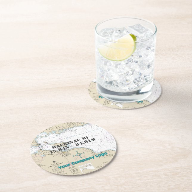 Dessous-de-verre Rond En Papier Logo nautique Latitude Longitude Île Mackinac (En situation)