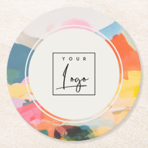 Dessous-de-verre Rond En Papier Logo Paysage Montagnard Abstrait Boho Rose Bleu