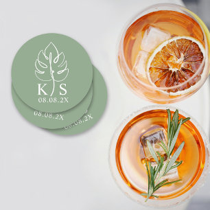 Dessous-de-verre Rond En Papier Logo personnalisé Monstera Monogramme Save the Dat