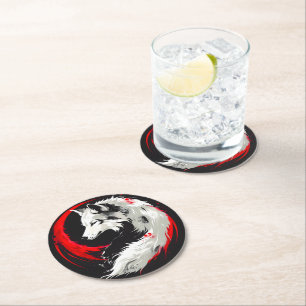 Dessous-de-verre Rond En Papier Loup blanc rouge lunaire