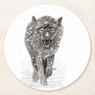 Dessous-de-verre Rond En Papier Loup noir en colère dans la neige, hiver sauvage