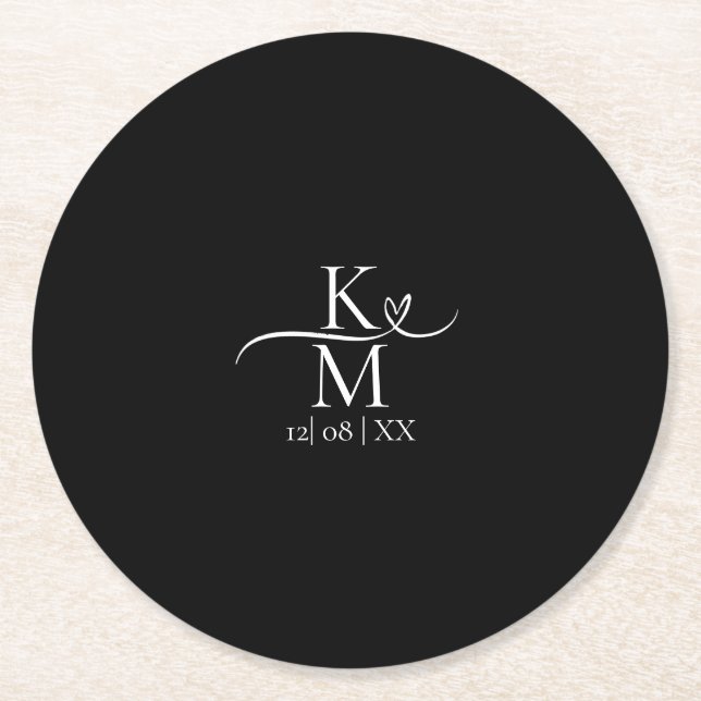 Dessous-de-verre Rond En Papier Love Calligraphy Initiales Coeur Blanc B&W ID940 (Devant)