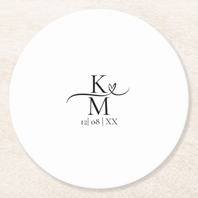 Dessous-de-verre Rond En Papier Love Calligraphy Initiales Coeur Noir B&W ID940 (Devant)