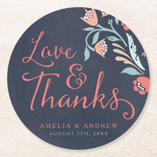 Dessous-de-verre Rond En Papier Love & Merci Bluish Chalkboard Floral Mariage (Devant)