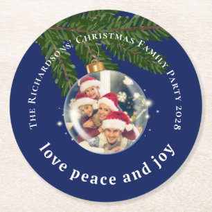 Dessous-de-verre Rond En Papier Love Paix Joie Photo de Fête de Noël Bleu Marine