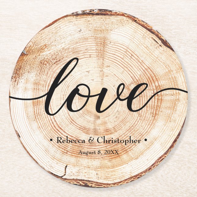 Dessous-de-verre Rond En Papier Love Script Bois Slice Mariage rustique (Devant)