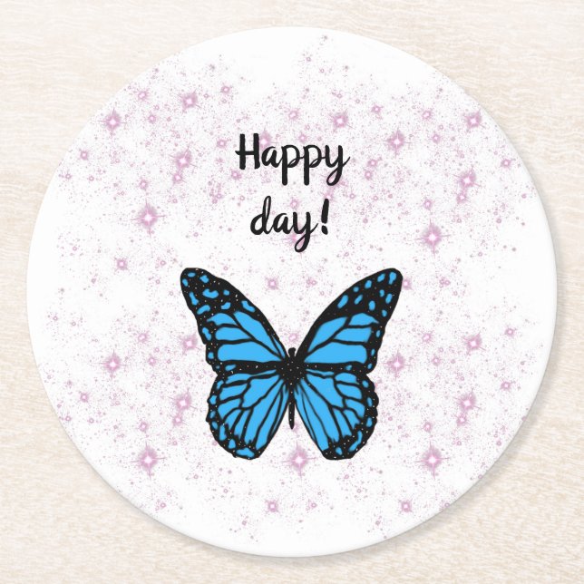 Dessous-de-verre Rond En Papier Magical blue butterfly pink glitter art (Devant)