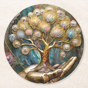 Dessous-de-verre Rond En Papier Main de robot doré tenant l'arbre de vie doré