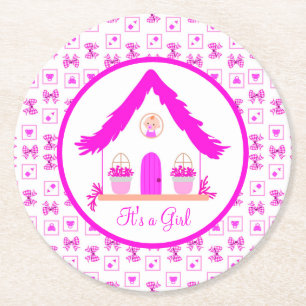 Dessous-de-verre Rond En Papier Maison rose personnalisée C'est une fille