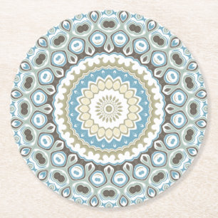 Dessous-de-verre Rond En Papier Mandala côtier dans des tons de sable, de bleu et