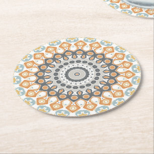 Dessous-de-verre Rond En Papier Mandala géométrique en orange, gris et bleu