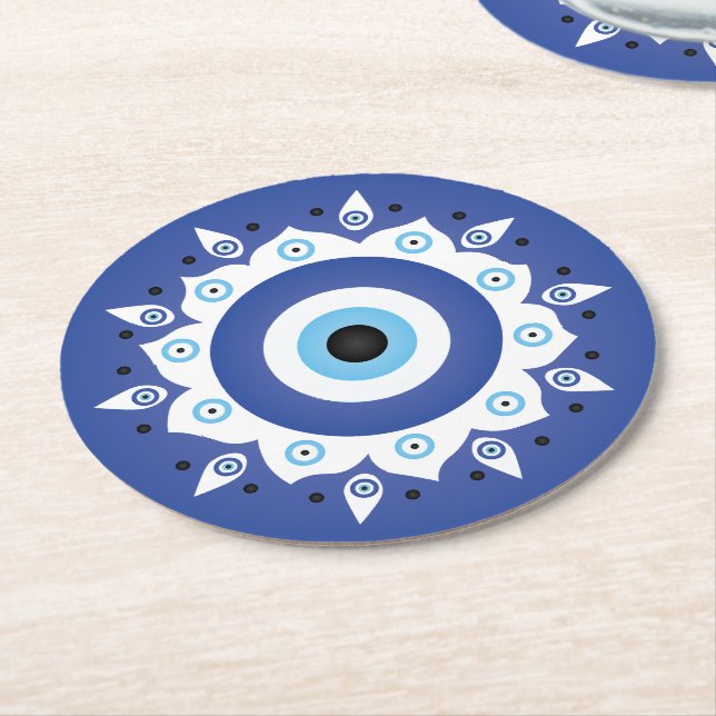 Dessous-de-verre Rond En Papier Mandala Grec Mal Oeil Bleu Blanc (Incliné)
