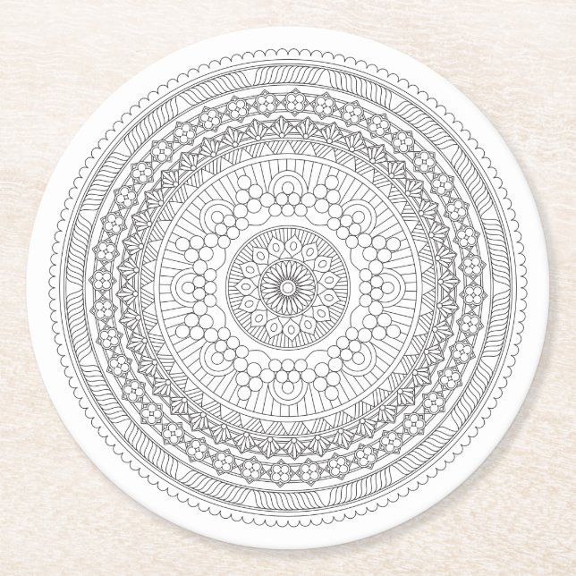 Dessous-de-verre Rond En Papier Mandala noir et blanc v3 (Devant)