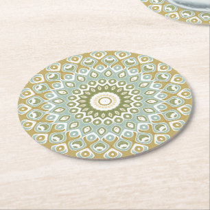 Dessous-de-verre Rond En Papier Mandala Terrien en Vert, Or et Bleu Clair