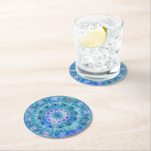 Dessous-de-verre Rond En Papier Mandala White Outline bleu Aquarelle -