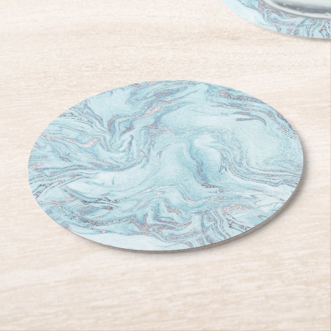 Dessous-de-verre Rond En Papier Marbre bleu argent (Incliné)
