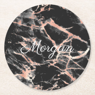 Dessous-de-verre Rond En Papier Marbre d'or noir et Rose, Nom de script blanc
