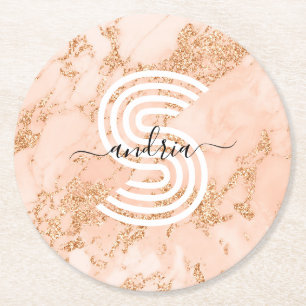 Dessous-de-verre Rond En Papier Marbre Pailleté Rose Gold, Nom en Écriture Monogra