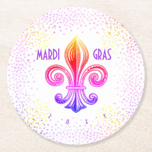 Dessous-de-verre Rond En Papier Mardi Gras Arc-en-ciel Fleur De Lis avec Confetti