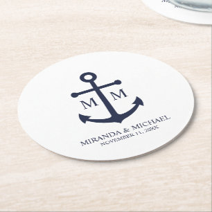 Dessous-de-verre Rond En Papier Mariage à l'ancre bleu marine nautique