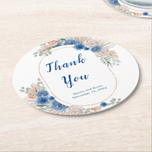 Dessous-de-verre Rond En Papier Mariage à l'herbe de Pampas Bleu Boho