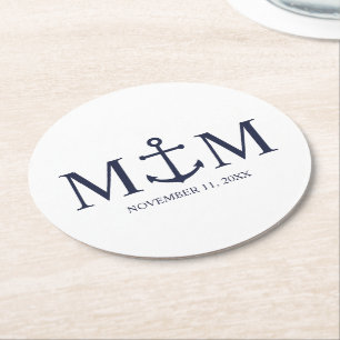 Dessous-de-verre Rond En Papier Mariage Ancre bleu marine