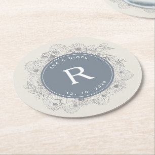 Dessous-de-verre Rond En Papier Mariage au Monogramme Bleu Poussiéreux