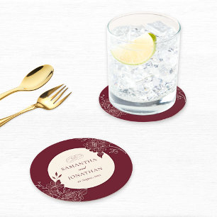 Dessous-de-verre Rond En Papier Mariage avec ligne d'art floral Bourgogne profond