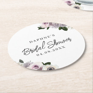 Dessous-de-verre Rond En Papier Mariage Blanc Anémone Moody & Fleurs Violettes