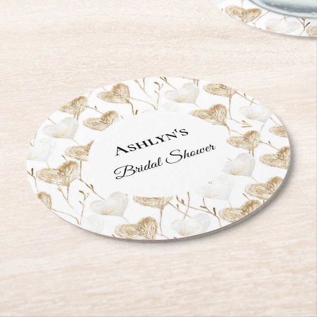Dessous-de-verre Rond En Papier Mariage Bohème Coeurs Fleuris Crème Marron (Incliné)