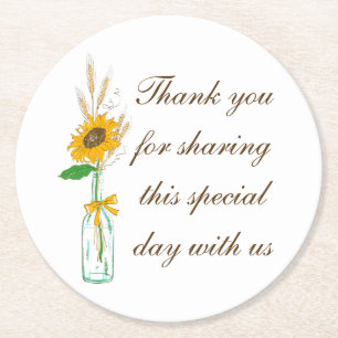 Dessous-de-verre Rond En Papier Mariage champêtre de pays soleil tournesol floral 