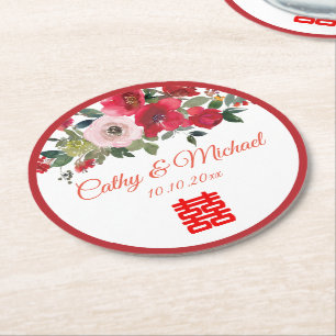 Dessous-de-verre Rond En Papier Mariage chinois moderne floral aquarelle rose roug