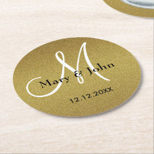 Dessous-de-verre Rond En Papier Mariage classique Monogram Parties scintillant Or