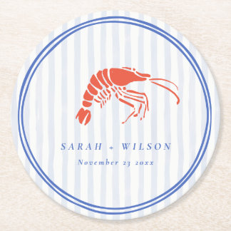 Dessous-de-verre Rond En Papier Mariage côtier au crabe rayé rouge et bleu rétro