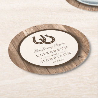 Dessous-de-verre Rond En Papier Mariage Country Rustique Fer à Cheval & Bois Brun